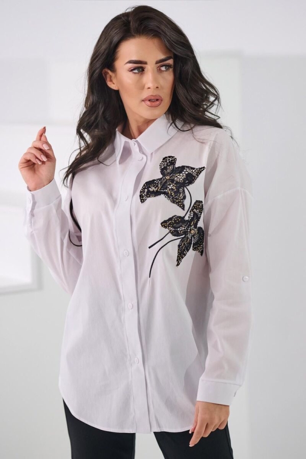 Biała koszula damska bawełniana z haftem kwiatowym elegancka oversize